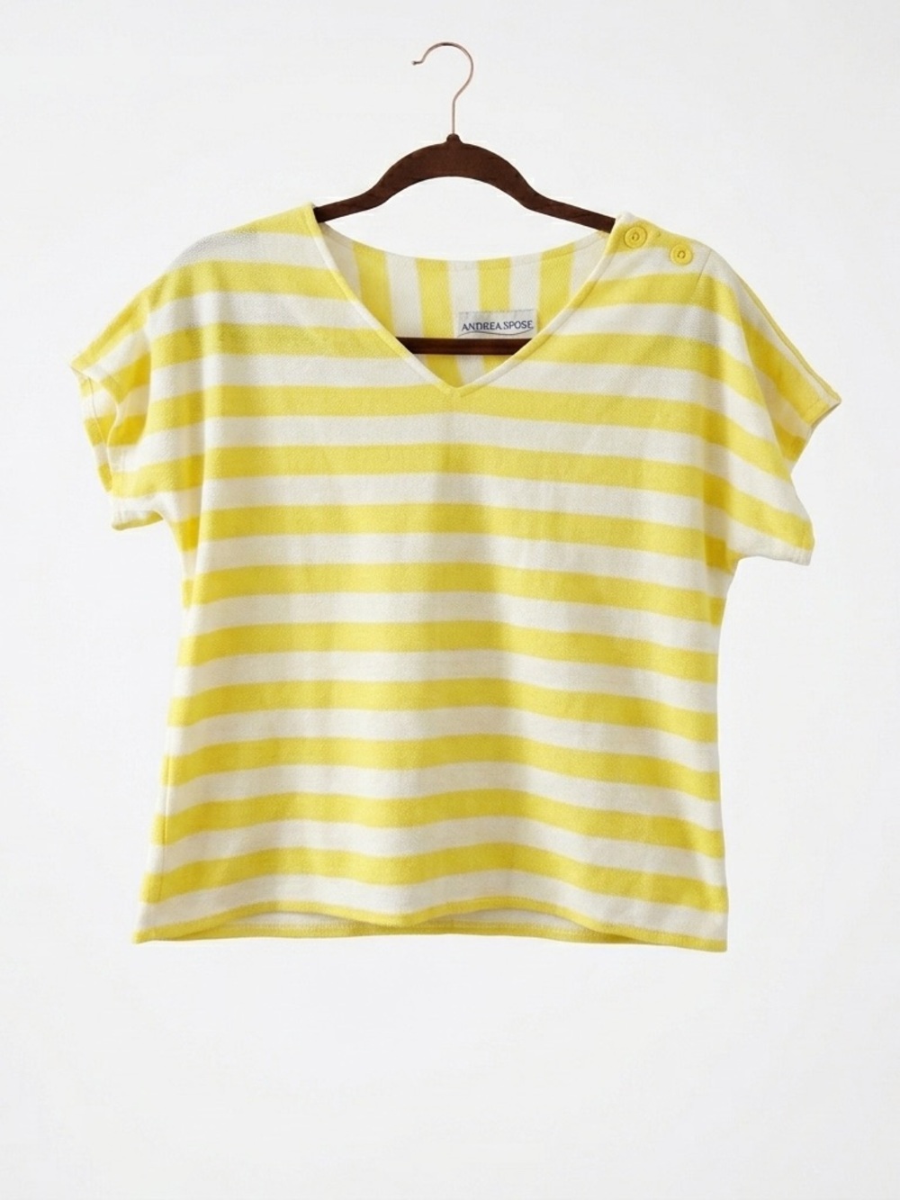 Vintage Andrea Sport Yellow White Striped Knit Top Button Shoulder M